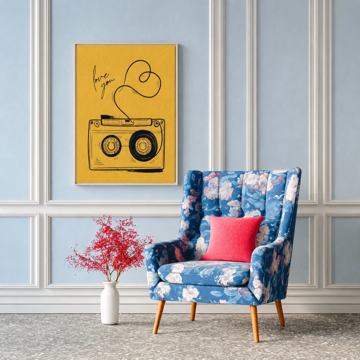 Retro Cassette Love Framed Canvas Wall Art for Vintage Music Room Decor