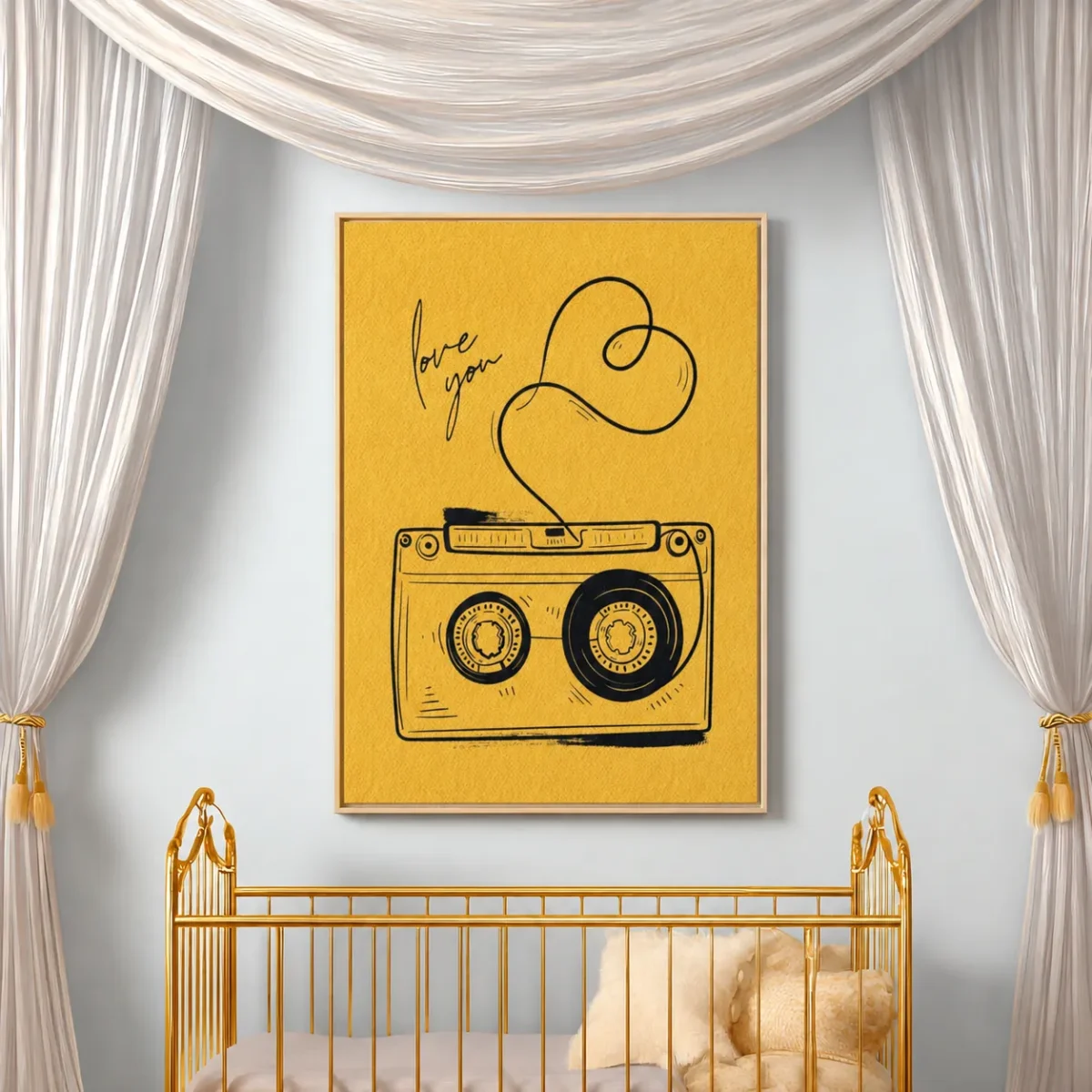 Retro Cassette Love Framed Canvas Wall Art for Vintage Music Room Decor