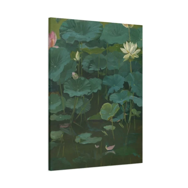 Vintage Lotus Pond Canvas Wall Art – Moody Botanical Water Lily Painting Decor