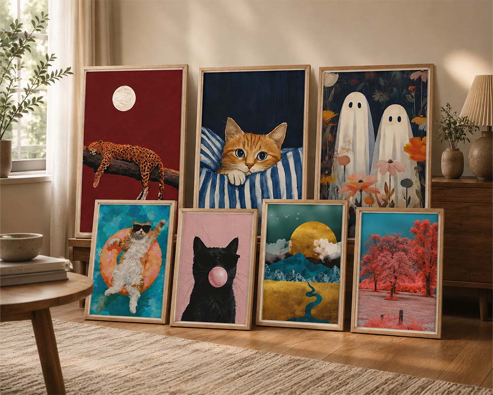 Warm living room with a curated gallery wall of art prints in natural wood frames