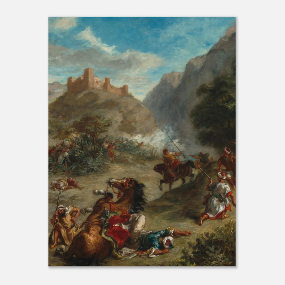 Vintage Castle Battle Landscape Print, Dramatic Mountain Cavalry Artwork