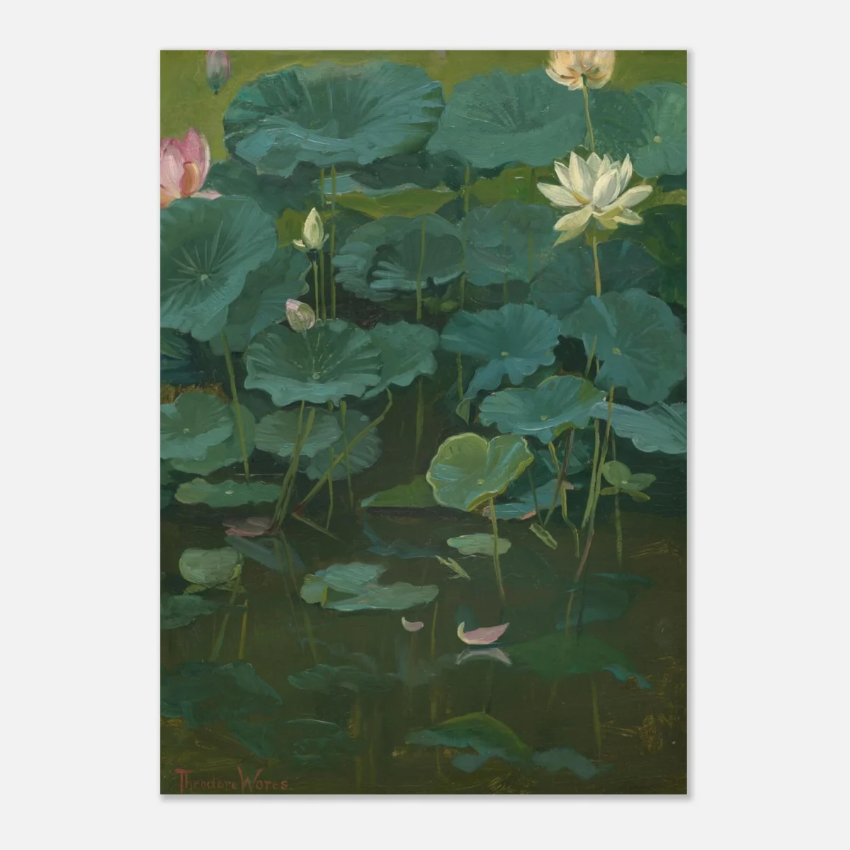 Lotus Pond Botanical Art Print – Moody Water Lily Painting for Nature-Inspired Rooms