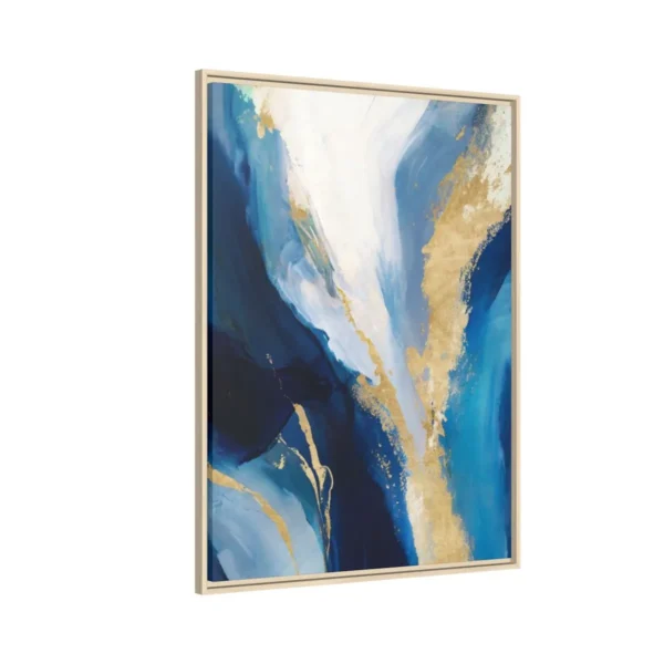 Blue Gold Abstract Framed Canvas Wall Art, Luxury Modern Matte Canvas in Pine Wood Frame
