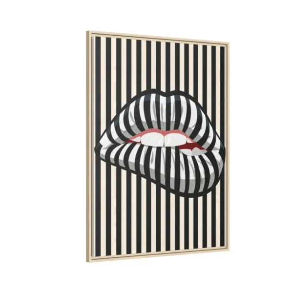 Striped Lip Framed Canvas Wall Art, Black and Cream Modern Pop Art Decor