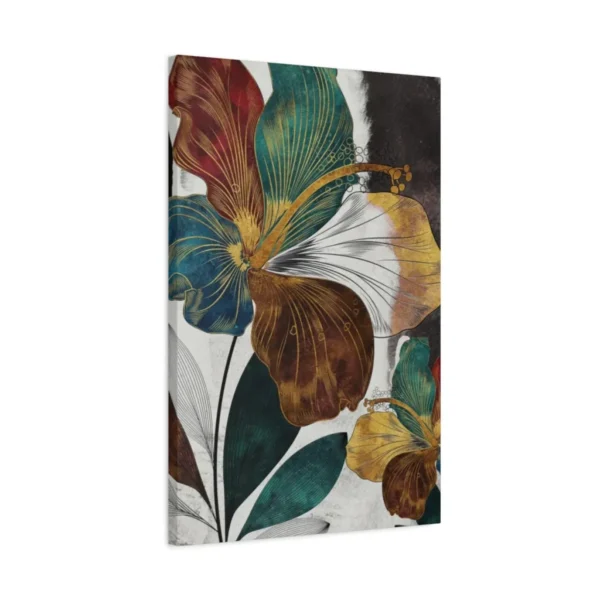 Art Deco Botanical Floral Wall Art – Premium Matte Canvas in Teal & Gold