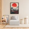 Crimson Horizon Japanese Wave Wall Art, Red Sun Ocean Framed Canvas Artwork