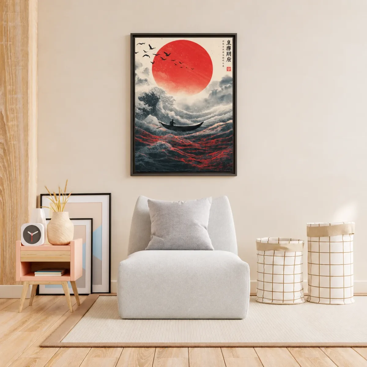 Crimson Horizon Japanese Wave Wall Art, Red Sun Ocean Framed Canvas Artwork