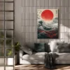 Crimson Horizon Japanese Wave Wall Art, Red Sun Ocean Canvas for Modern Interiors