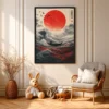 100 (1) Crimson Horizon Japanese Wave Wall Art, Red Sun Ocean Framed Print Decor