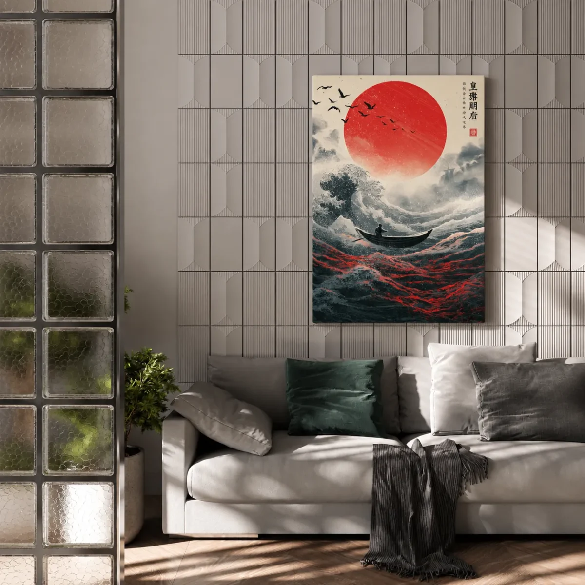 Crimson Horizon Japanese Wave Wall Art, Red Sun Ocean Canvas for Modern Interiors