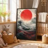 Crimson Horizon Japanese Wave Wall Art, Red Sun Ocean Framed Canvas Artwork