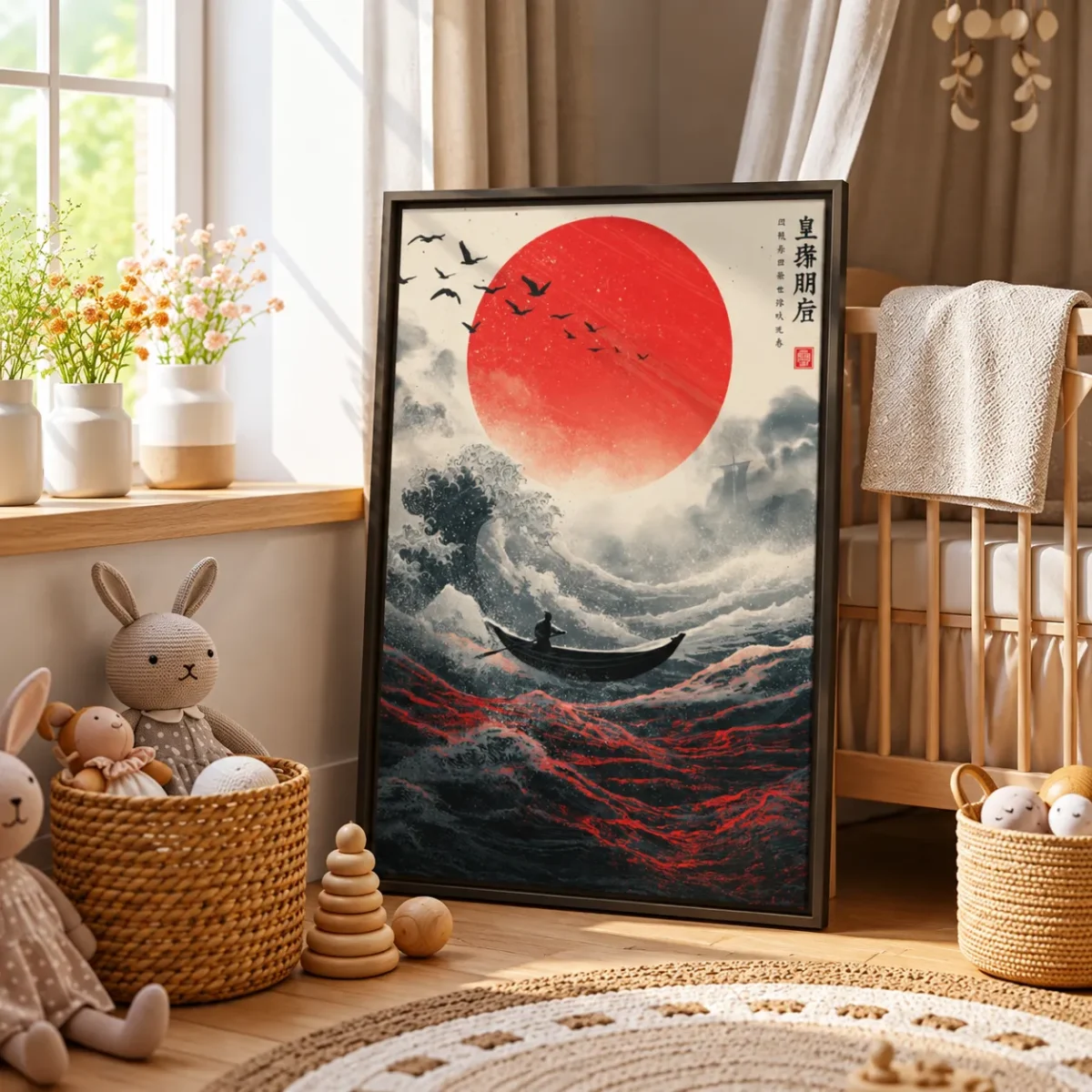 Crimson Horizon Japanese Wave Wall Art, Red Sun Ocean Framed Canvas Artwork