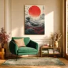Crimson Horizon Japanese Wave Wall Art, Red Sun Ocean Canvas for Modern Interiors