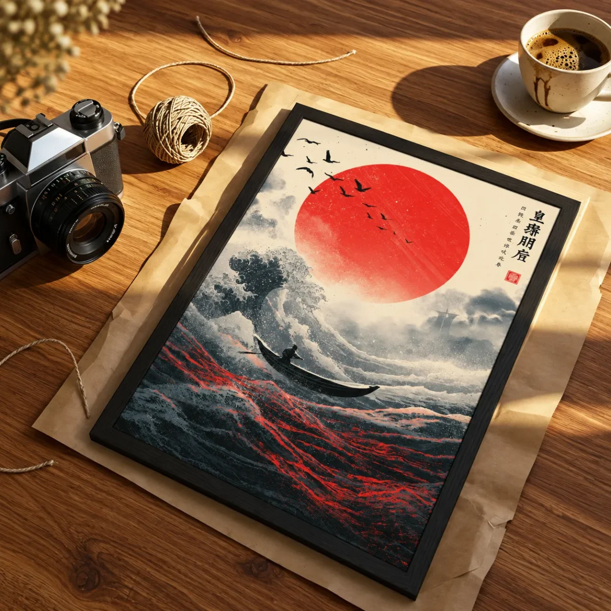 100 (2) Crimson Horizon Japanese Wave Wall Art, Red Sun Ocean Framed Print Decor