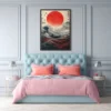 Crimson Horizon Japanese Wave Wall Art, Red Sun Ocean Framed Canvas Artwork