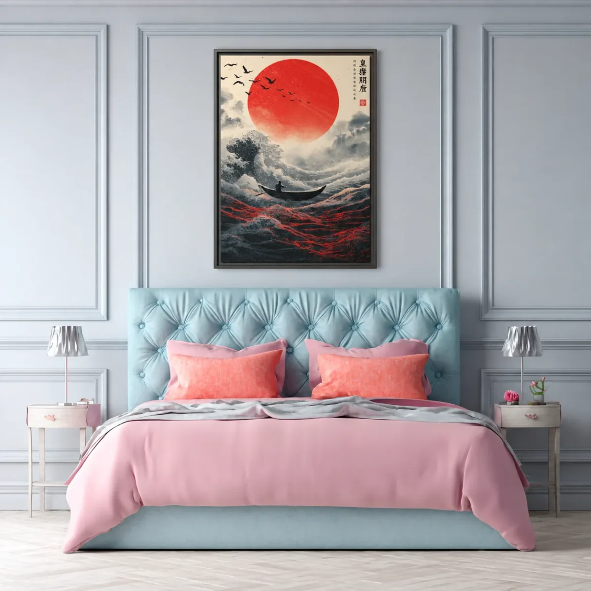 Crimson Horizon Japanese Wave Wall Art, Red Sun Ocean Framed Canvas Artwork