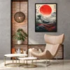 100 (3) Crimson Horizon Japanese Wave Wall Art, Red Sun Ocean Framed Print Decor