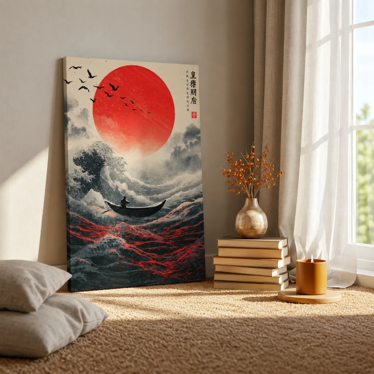 Crimson Horizon Japanese Wave Wall Art, Red Sun Ocean Canvas for Modern Interiors