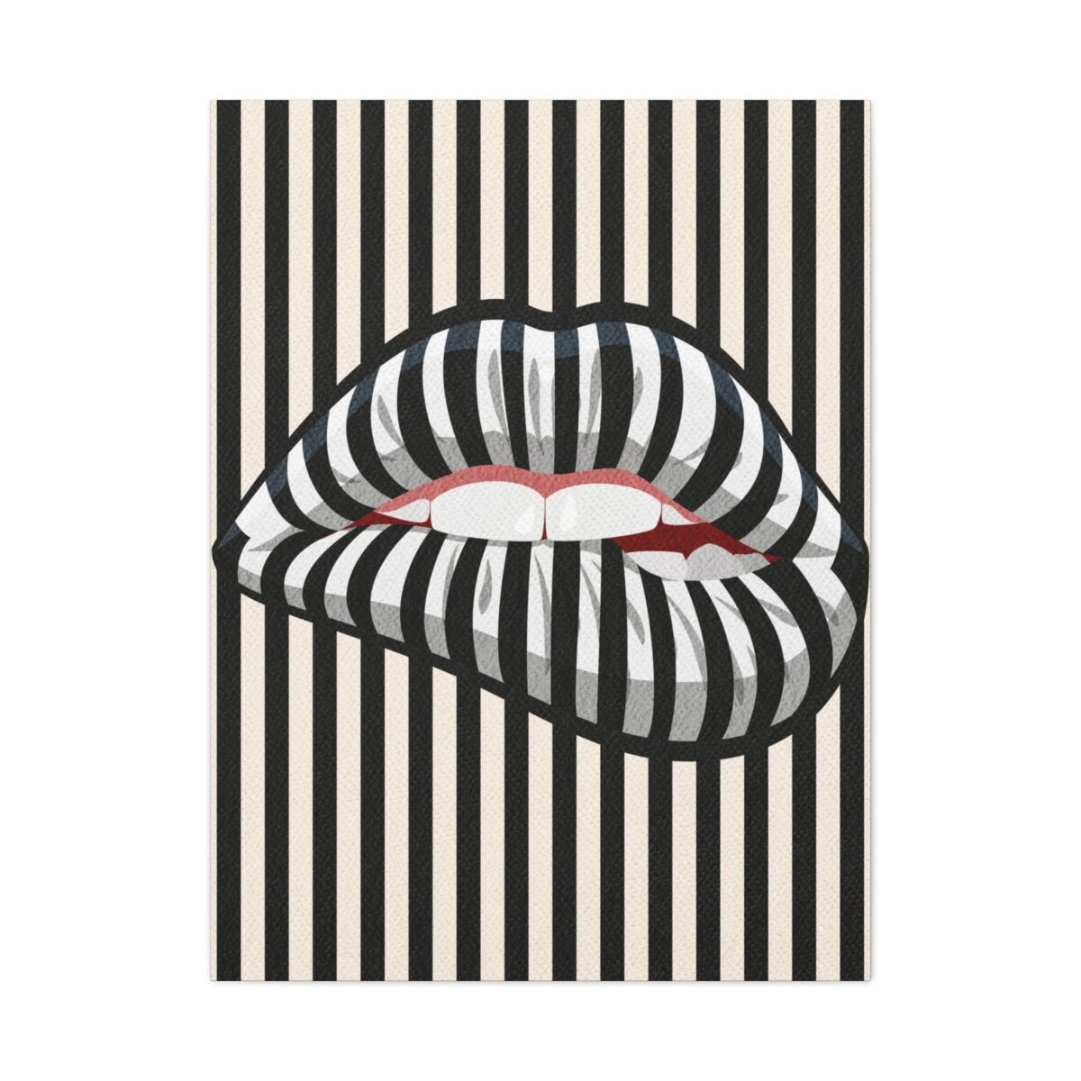 Striped Lip Canvas Wall Art, Modern Black and Cream Pop Art on Stretched Canvas