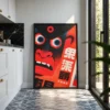 102 (1) Vermilion Gaze – Expressive Face Wall Art, Framed Canvas for Modern Interiors