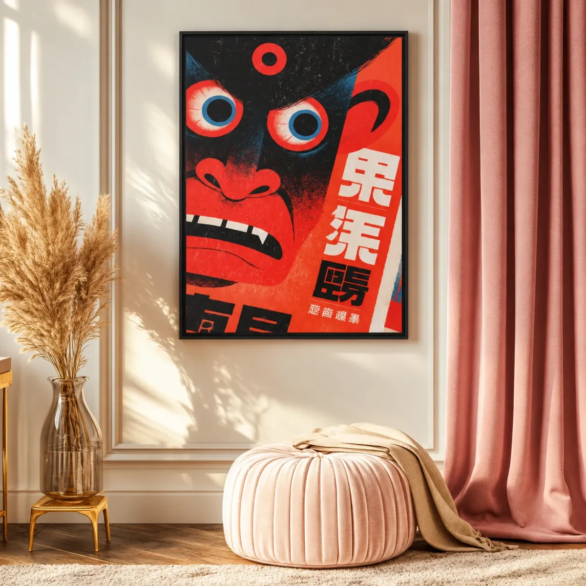 102 (3) Vermilion Gaze – Expressive Face Wall Art, Framed Canvas for Modern Interiors