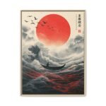 Crimson Horizon Japanese Wave Wall Art, Red Sun Ocean Framed Canvas Artwork