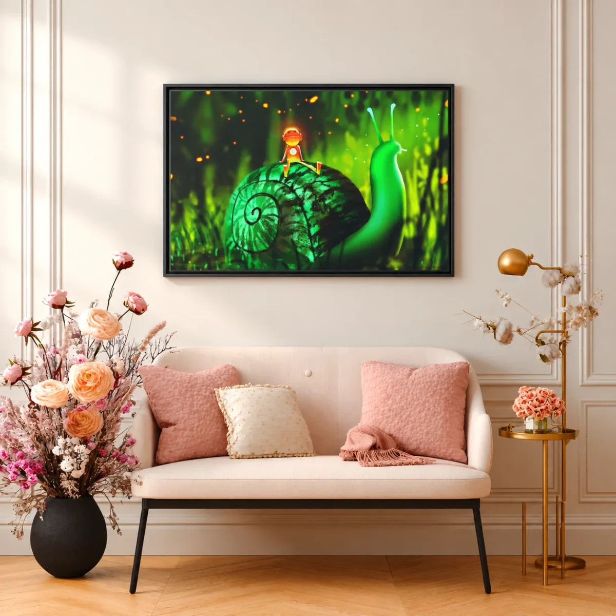 Mosslight Journey – Whimsical Snail Wall Art, Premium Framed Canvas for Modern Interiors