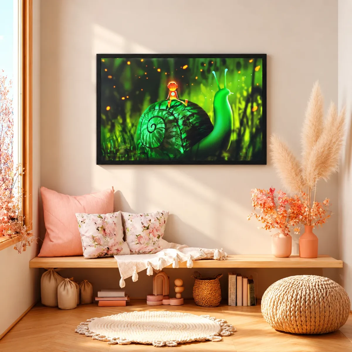 Mosslight Journey – Whimsical Snail Wall Art, Elegant Framed Print for Modern Decor