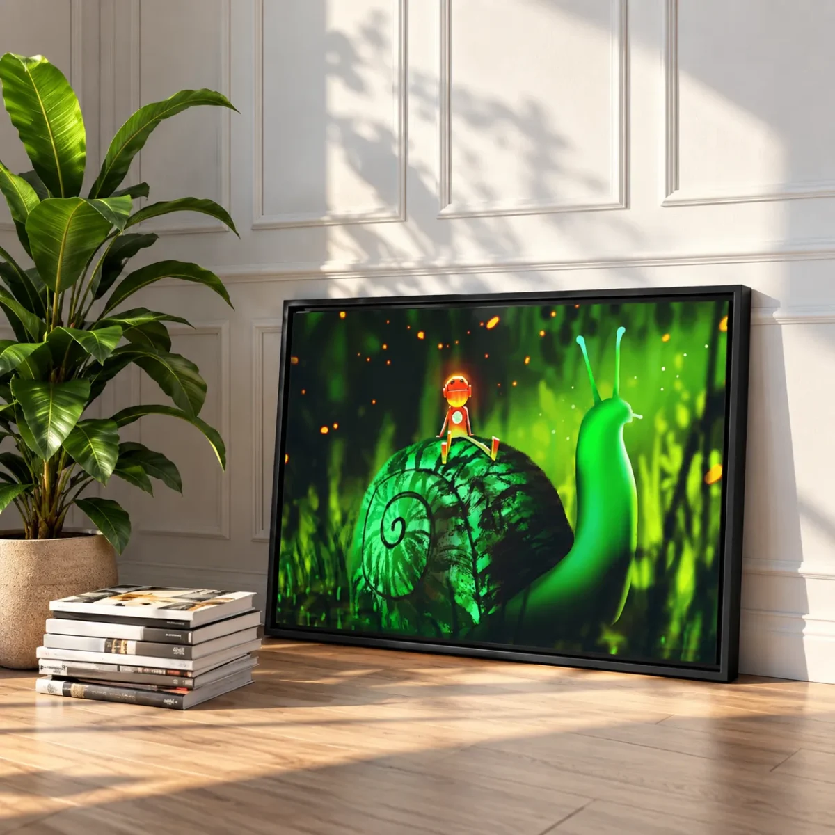 Mosslight Journey – Whimsical Snail Wall Art, Premium Framed Canvas for Modern Interiors