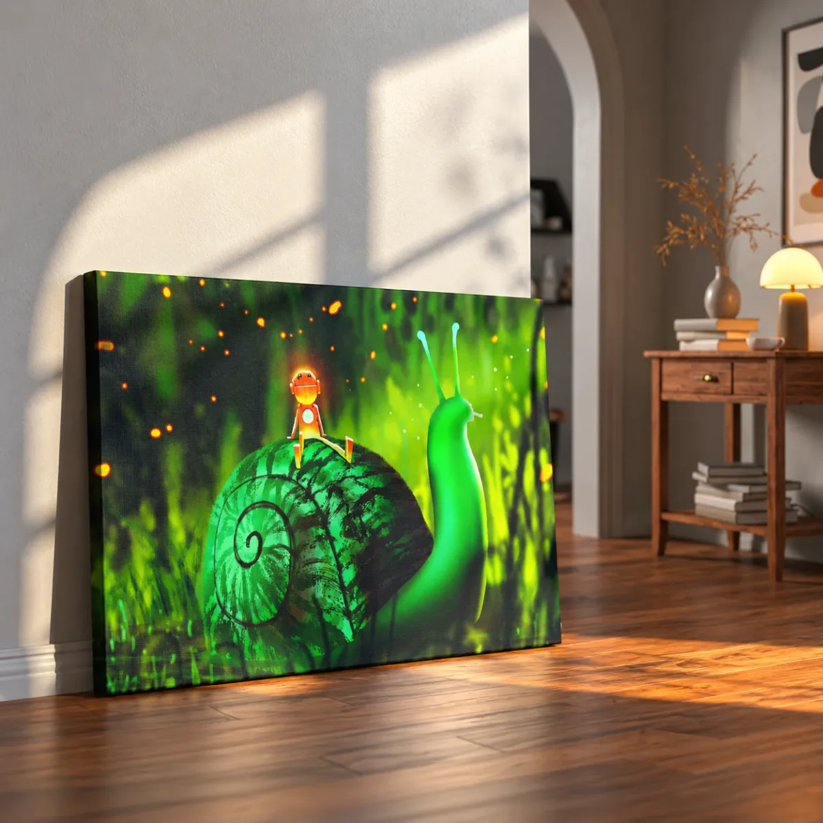 Mosslight Journey – Whimsical Snail Wall Art, Premium Matte Canvas for Modern Interiors