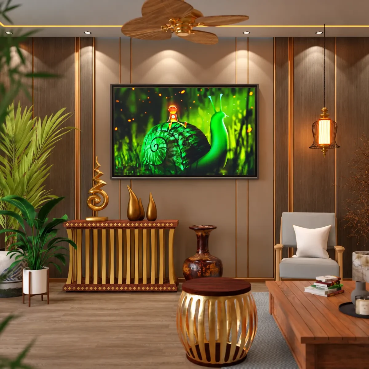 Mosslight Journey – Whimsical Snail Wall Art, Premium Framed Canvas for Modern Interiors