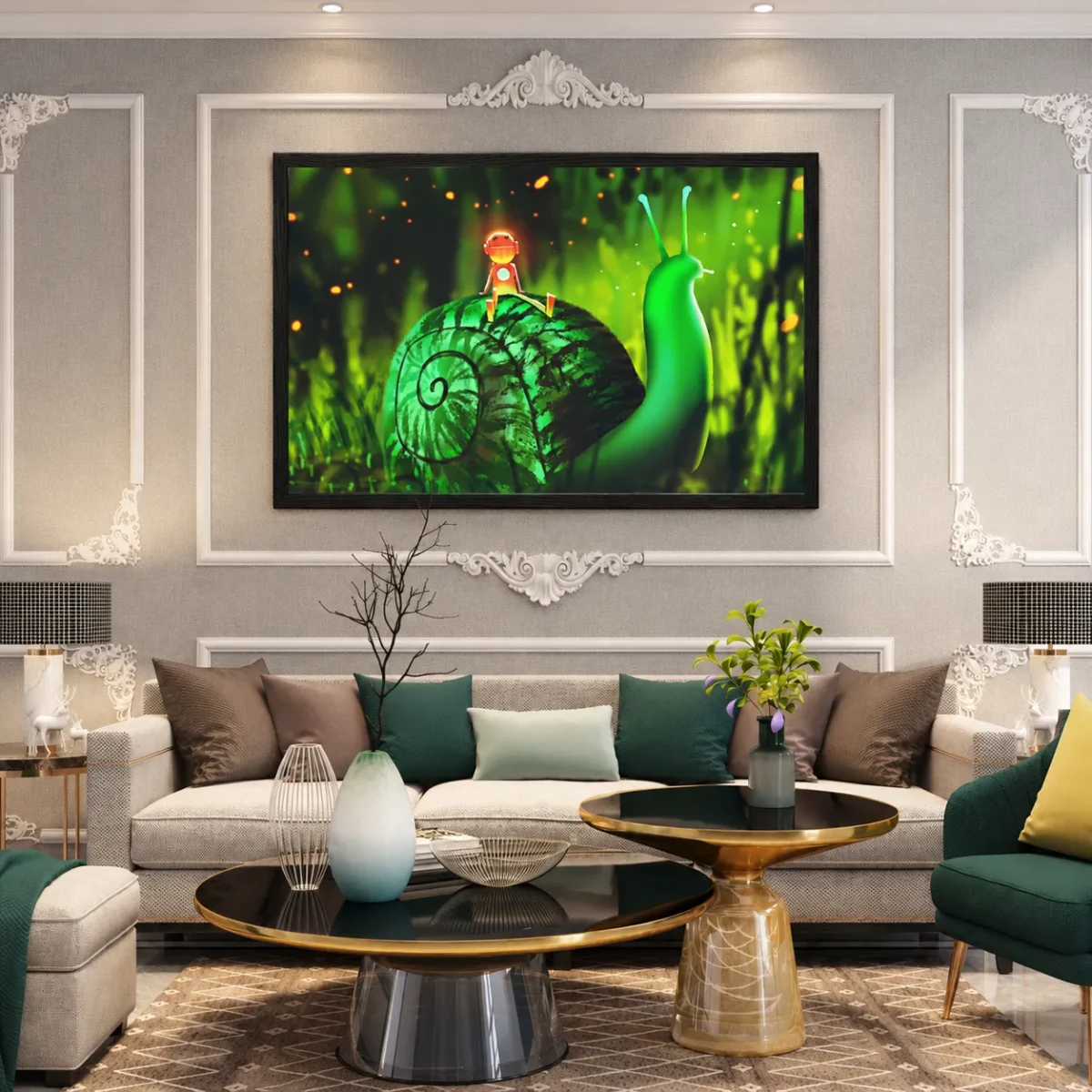 Mosslight Journey – Whimsical Snail Wall Art, Elegant Framed Print for Modern Decor
