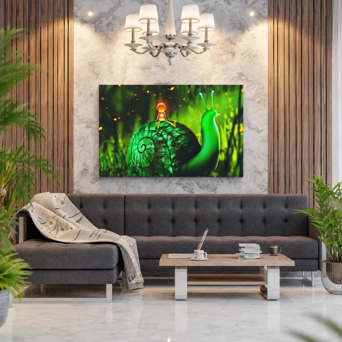 Mosslight Journey – Whimsical Snail Wall Art, Premium Matte Canvas for Modern Interiors