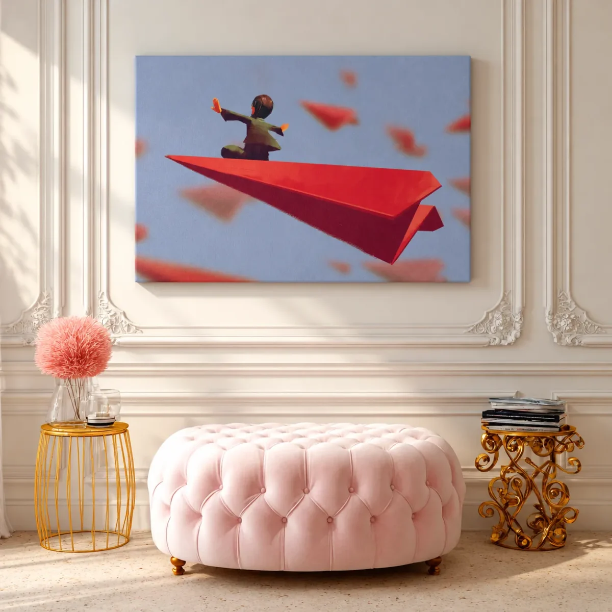 Skybound Momentum – Paper Airplane Wall Art, Red Flight Canvas for Modern Interiors
