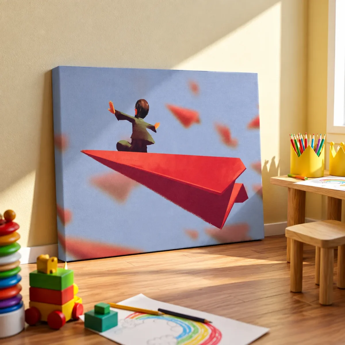 Skybound Momentum – Paper Airplane Wall Art, Red Flight Canvas for Modern Interiors