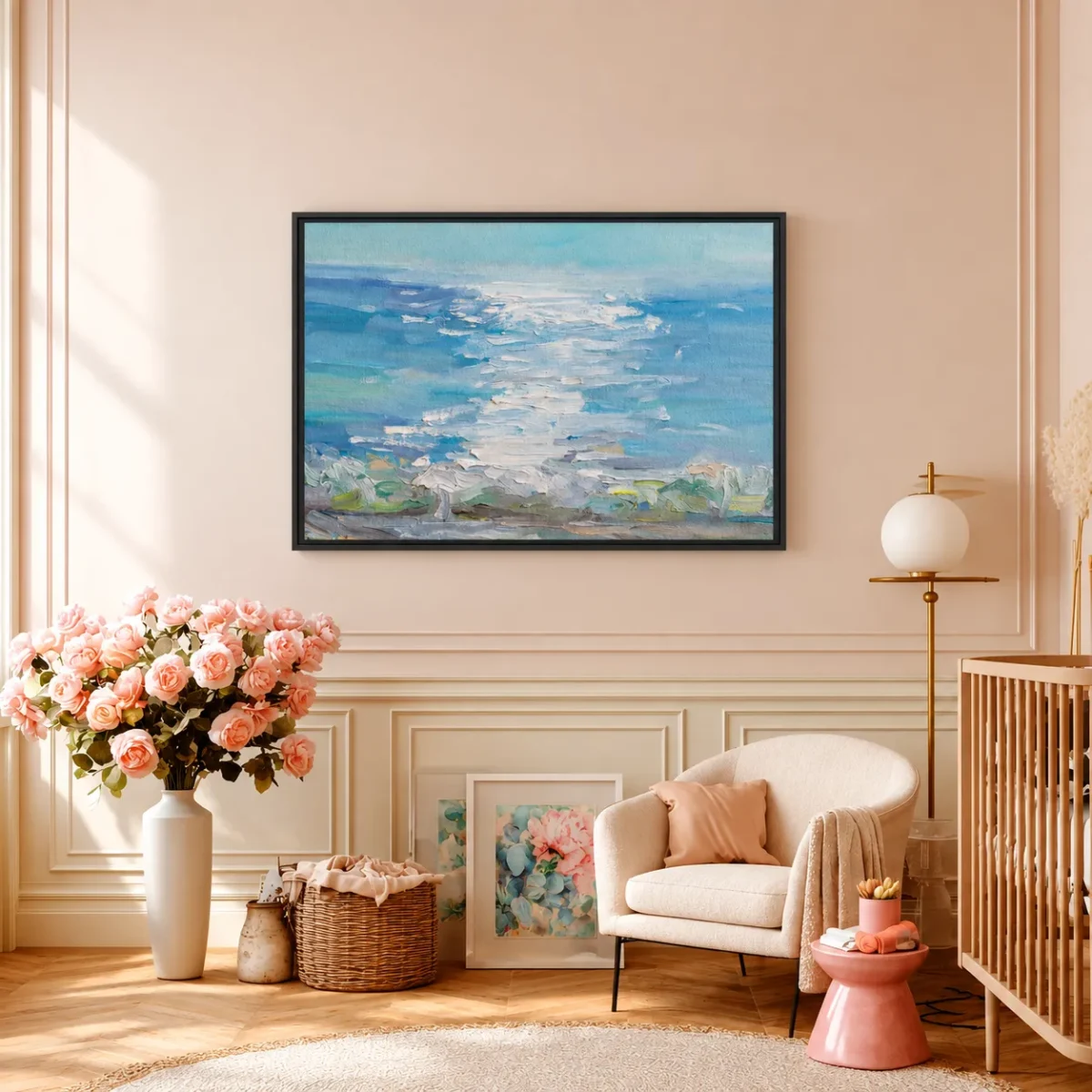 Cerulean Quietude – Ocean Landscape Wall Art Framed Canvas, Coastal Decor