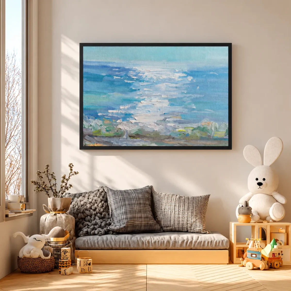 Cerulean Quietude – Ocean Landscape Wall Art, Elegant Framed Print Decor