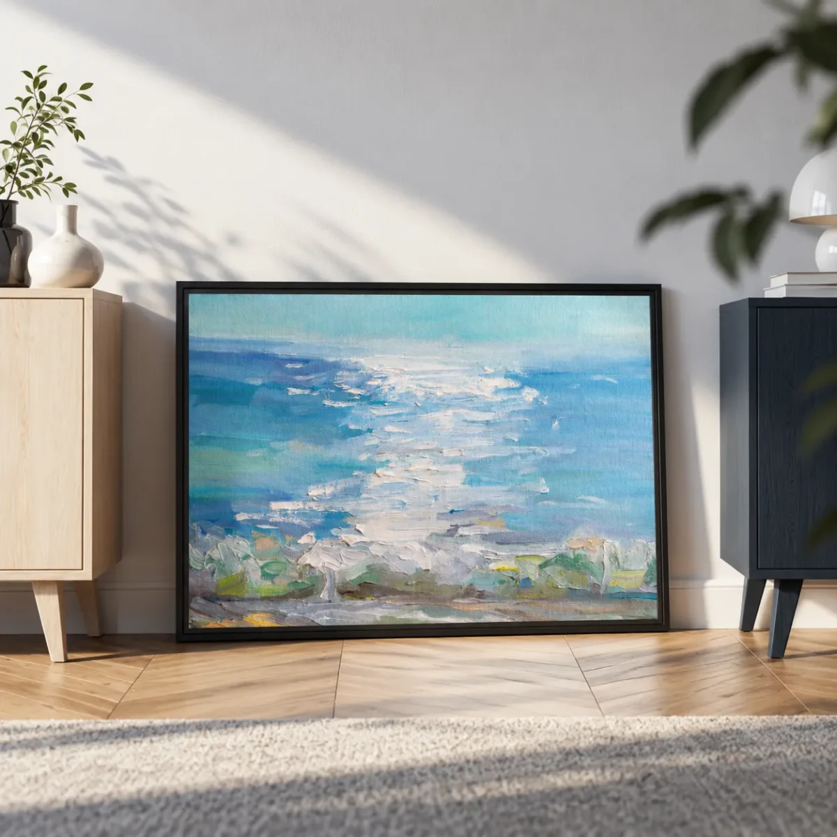 Cerulean Quietude – Ocean Landscape Wall Art Framed Canvas, Coastal Decor