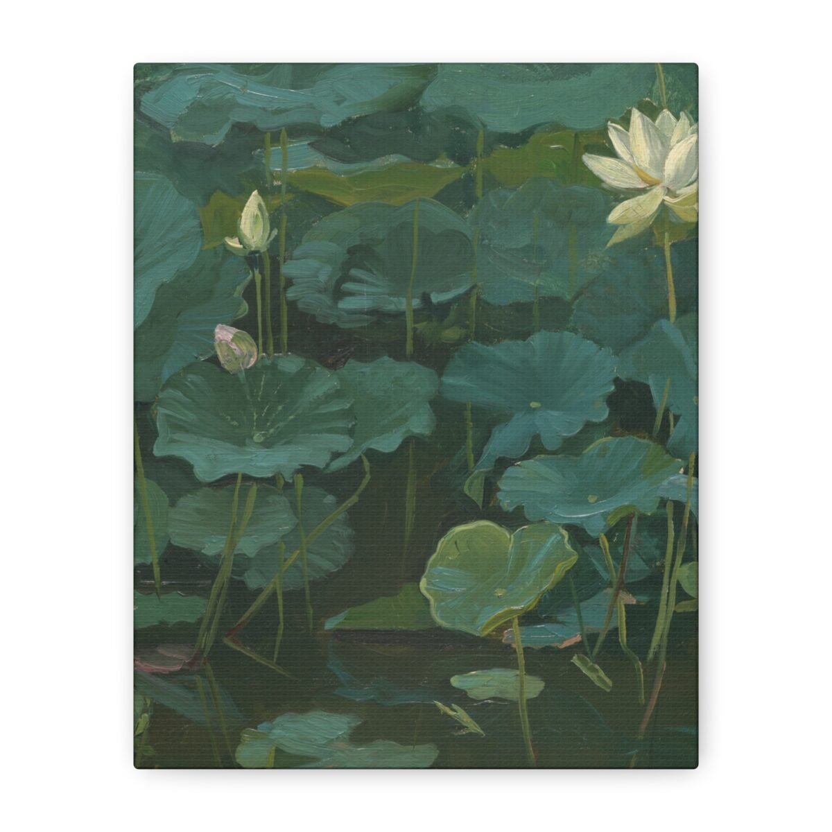 Vintage Lotus Pond Canvas Wall Art – Moody Botanical Water Lily Painting Decor