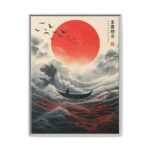 Crimson Horizon Japanese Wave Wall Art, Red Sun Ocean Framed Canvas Artwork