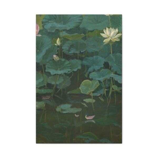 Vintage Lotus Pond Canvas Wall Art – Moody Botanical Water Lily Painting Decor