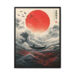 Crimson Horizon Japanese Wave Wall Art, Red Sun Ocean Framed Canvas Artwork