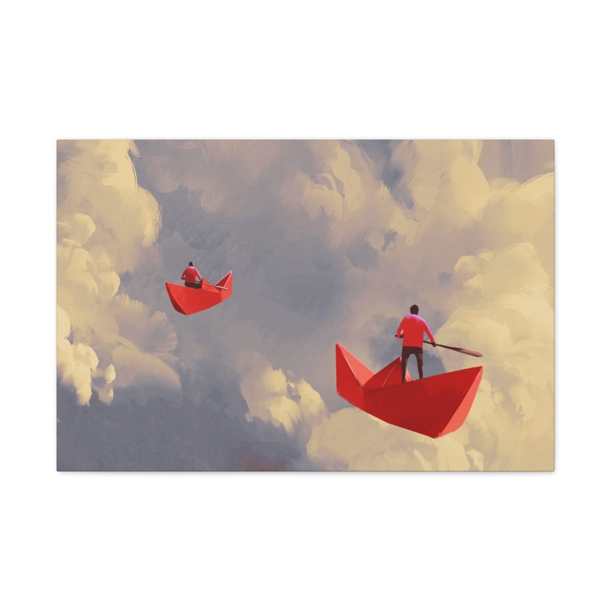 Crimson Paper Boat Wall Art – Dreamy Surreal Sky, Premium Matte Canvas for Modern Decor