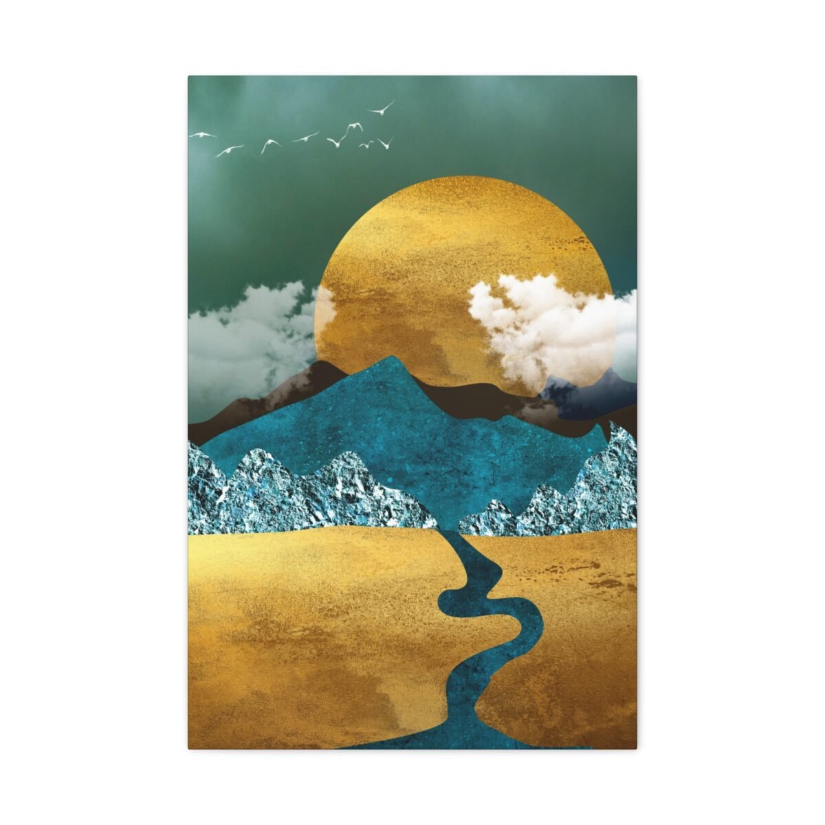 Golden Mountain River Landscape Wall Art – Premium Matte Canvas Decor