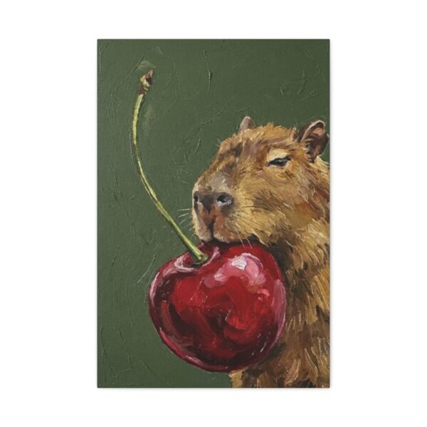 Funny Capybara Canvas Wall Art with Giant Cherry | Whimsical Animal Matte Canvas Print