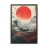 Crimson Horizon Japanese Wave Wall Art, Red Sun Ocean Framed Canvas Artwork