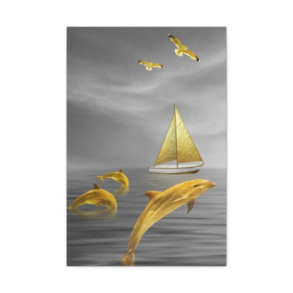 Golden Dolphin Ocean Wall Art, Premium Matte Canvas, Coastal Nautical Decor