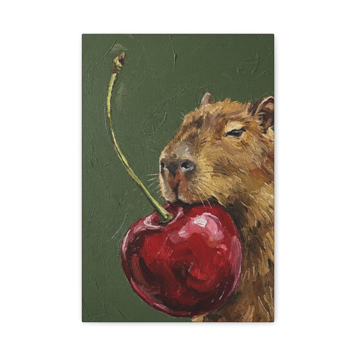 Funny Capybara Canvas Wall Art with Giant Cherry | Whimsical Animal Matte Canvas Print