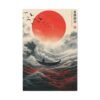 Crimson Horizon Japanese Wave Wall Art, Red Sun Ocean Canvas for Modern Interiors