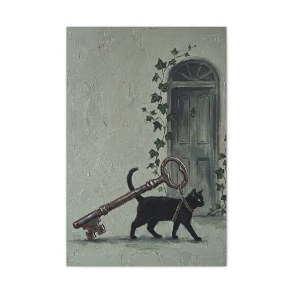 Funny Black Cat Canvas Wall Art with Vintage Key | Whimsical Matte Canvas Print